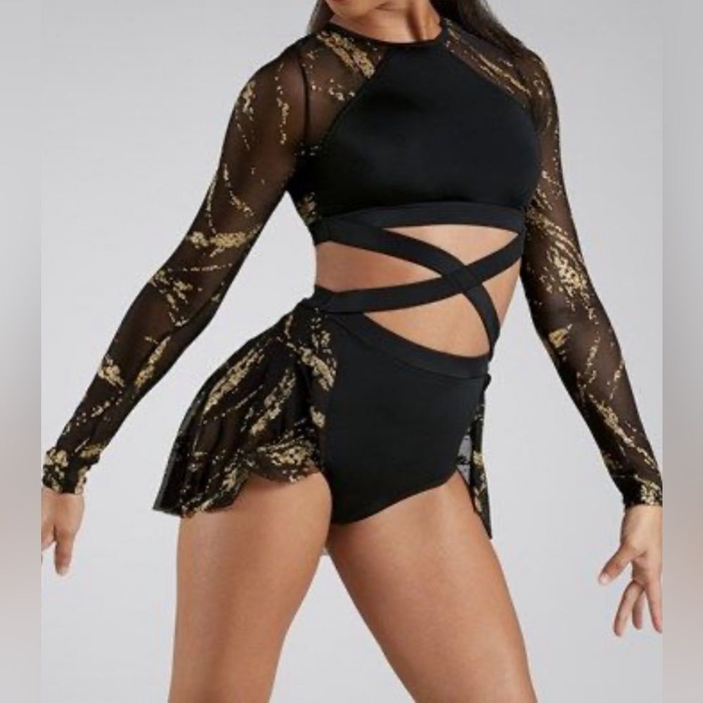 Weissman elite dance costume black gold Glitter Brush Mesh Dress D11680 MA adult